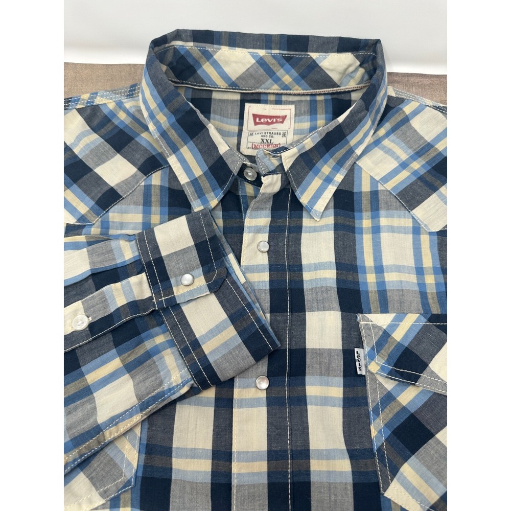 Levi's Men's 2XL Pearl Snap Button Long Sleeve Blue Plaid Western Shirt